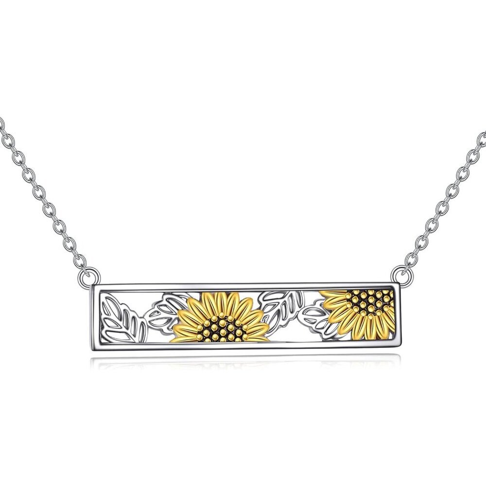 Sunflower Sterling Silver Necklace for Women with Openwork Leaves, 18" Chain, Gi
